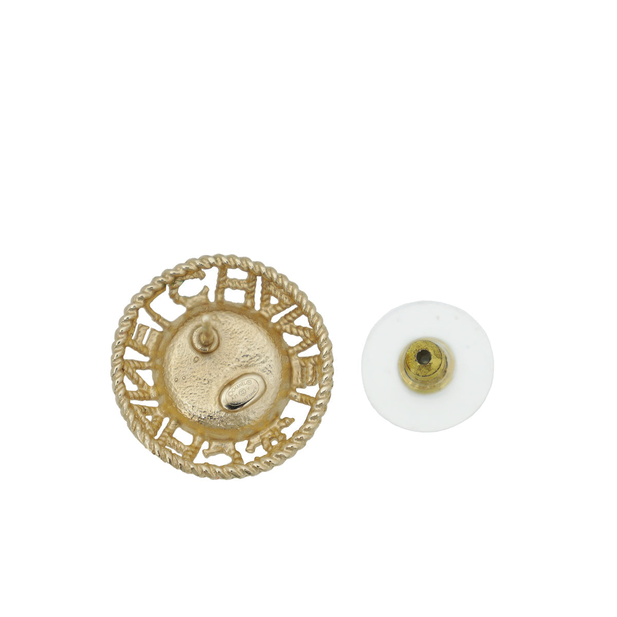 Chanel White Logo Pearl Round Earrings