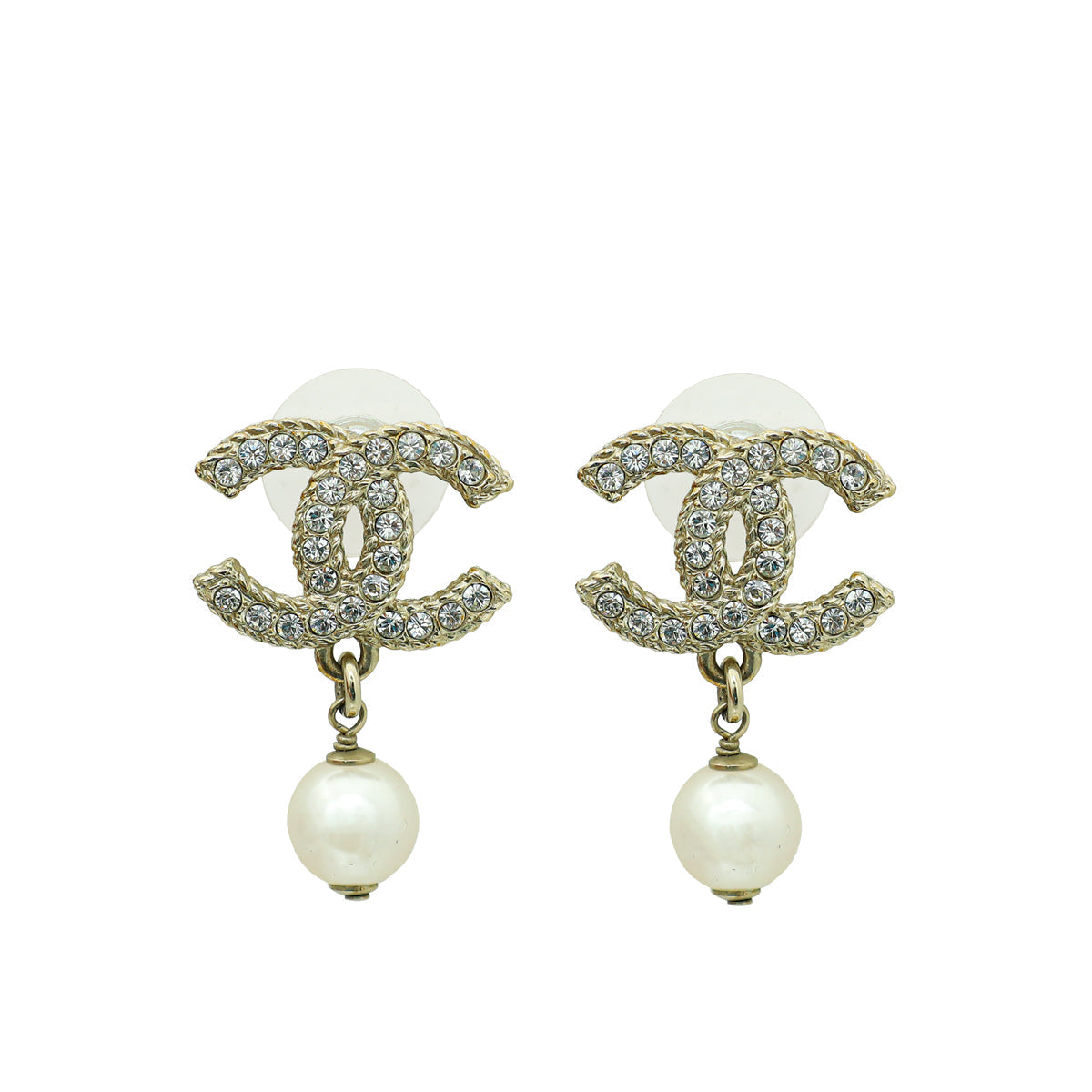 Chanel White CC Crystal Pearl Drop Earring