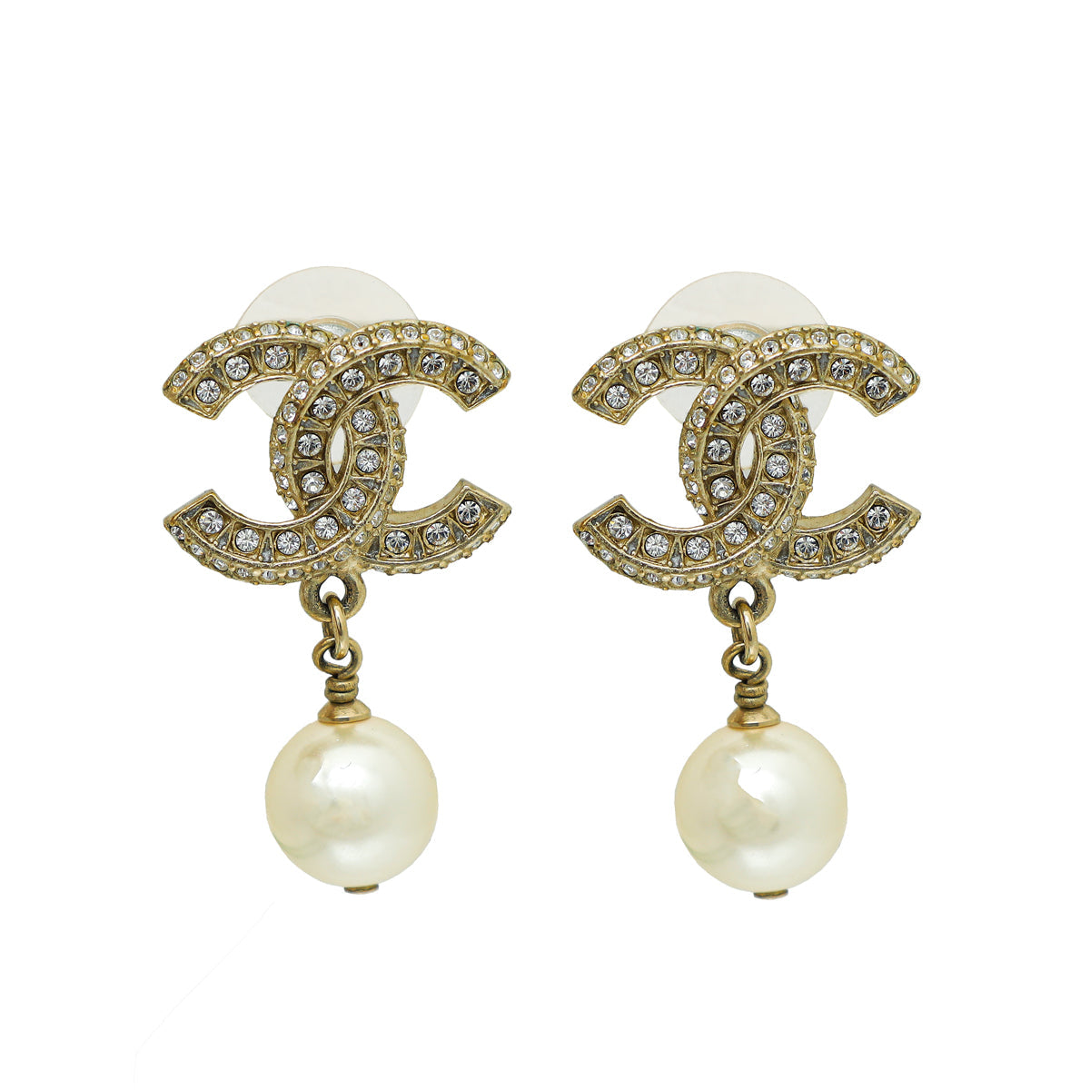 Chanel White CC Crystal Pearl Drop Earrings