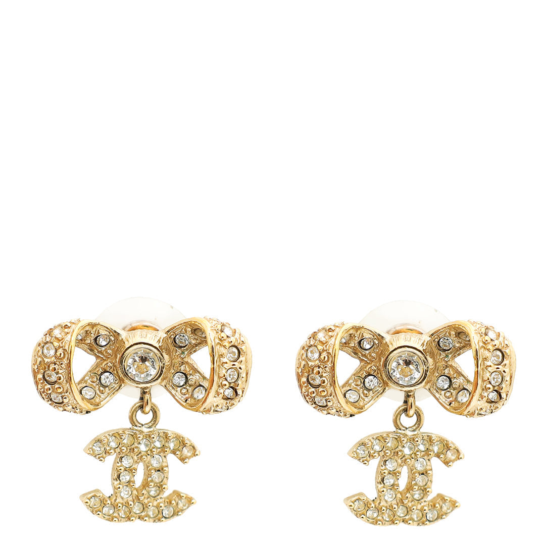 Chanel Gold Crystal CC Bow Drop Earrings