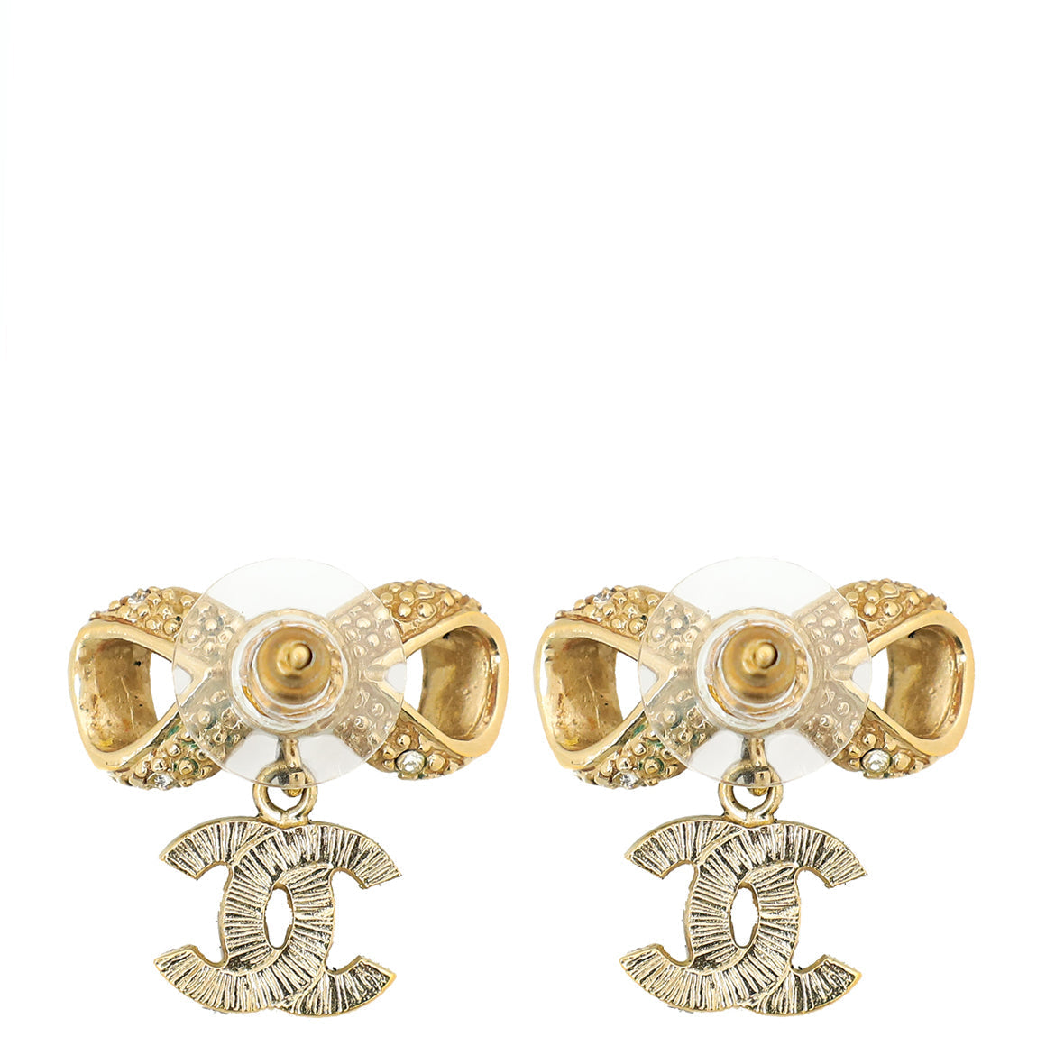 Chanel Gold Crystal CC Bow Drop Earrings
