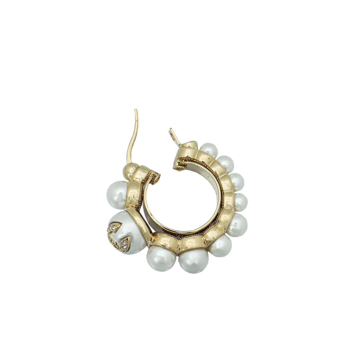 Chanel White CC Faux Pearl Hoop Earrings