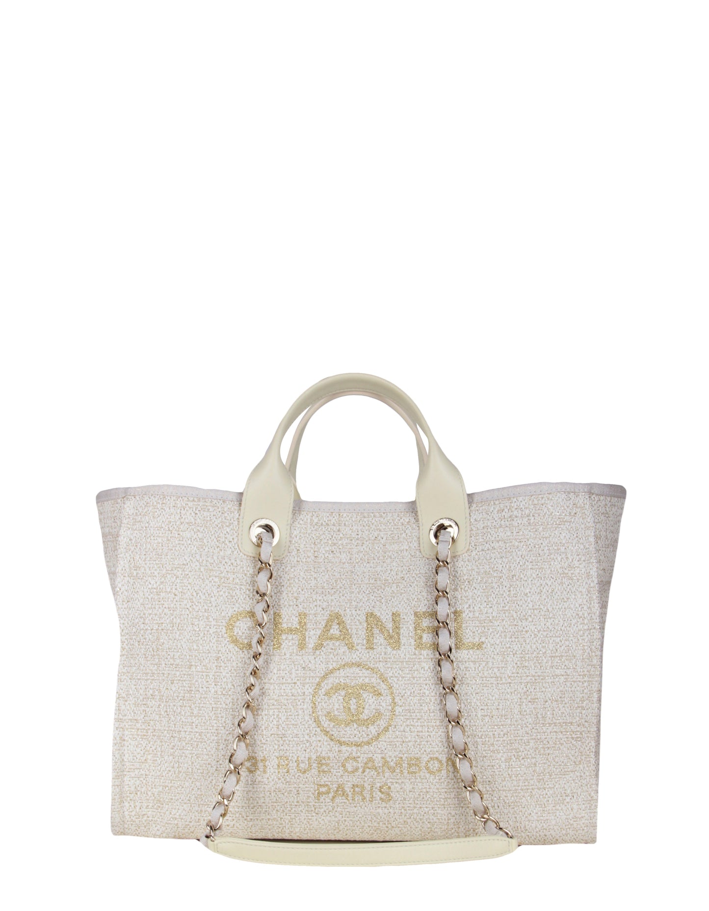 Chanel Ivory/ Gold Large Deauville Shopping Tote Bag