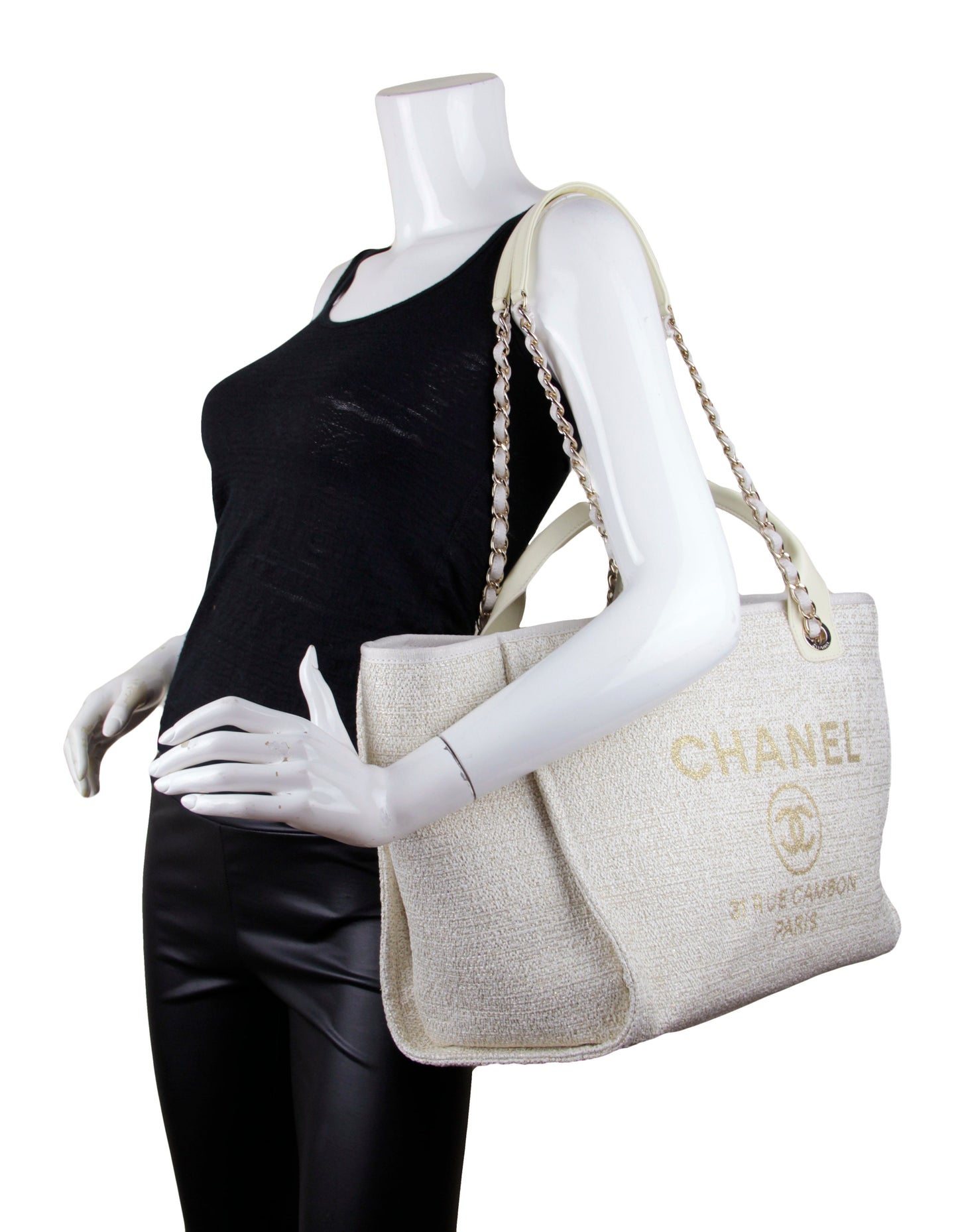 Chanel Ivory/ Gold Large Deauville Shopping Tote Bag