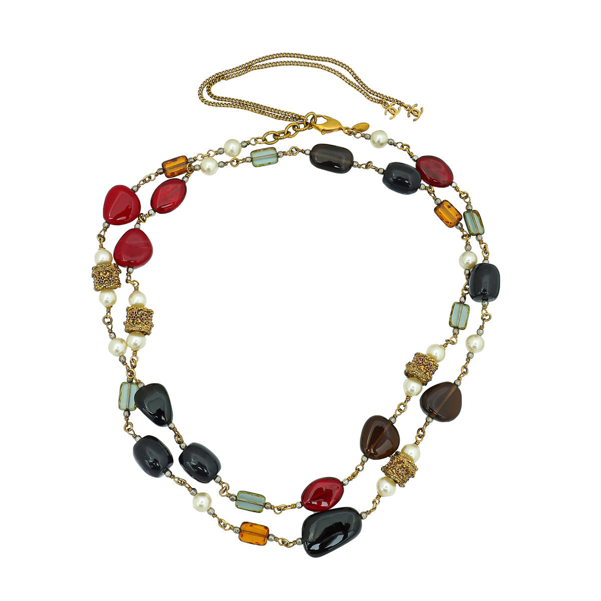 Chanel Ivory Multicolor CC Pearl Stones Long Necklace