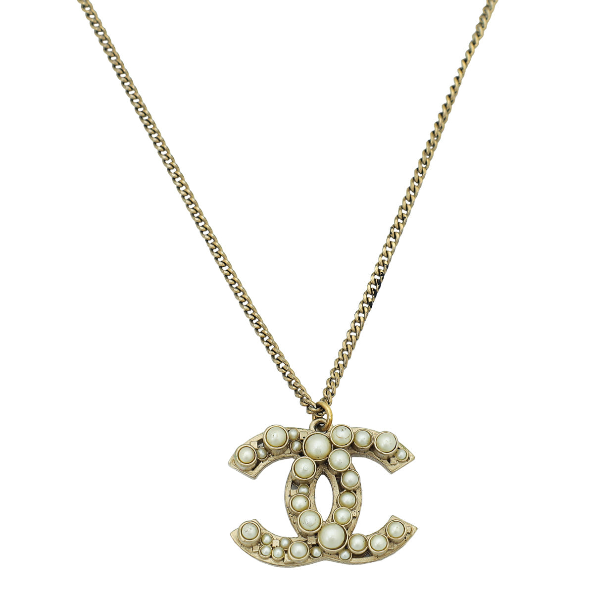 Chanel Light Gold Tone CC Pearl Pendant Necklace