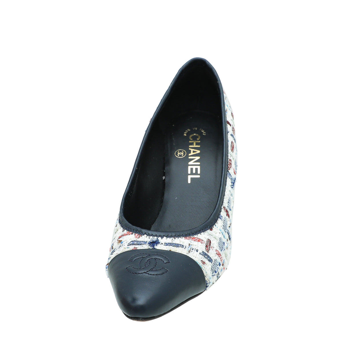 Chanel Navy White CC Cap Toe Tweed Pump 38