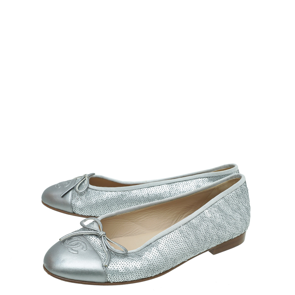 Chanel Metallic Silver CC Cap Toe Sequins Flat Ballet 38
