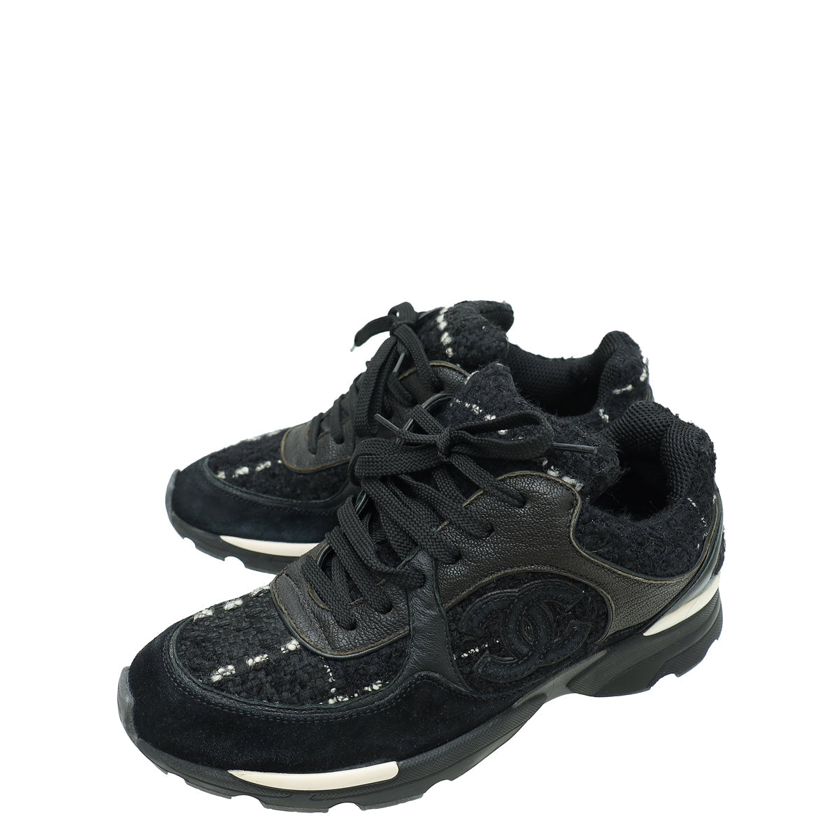 Chanel Black Tweed CC Lace Up Sneakers 35.5