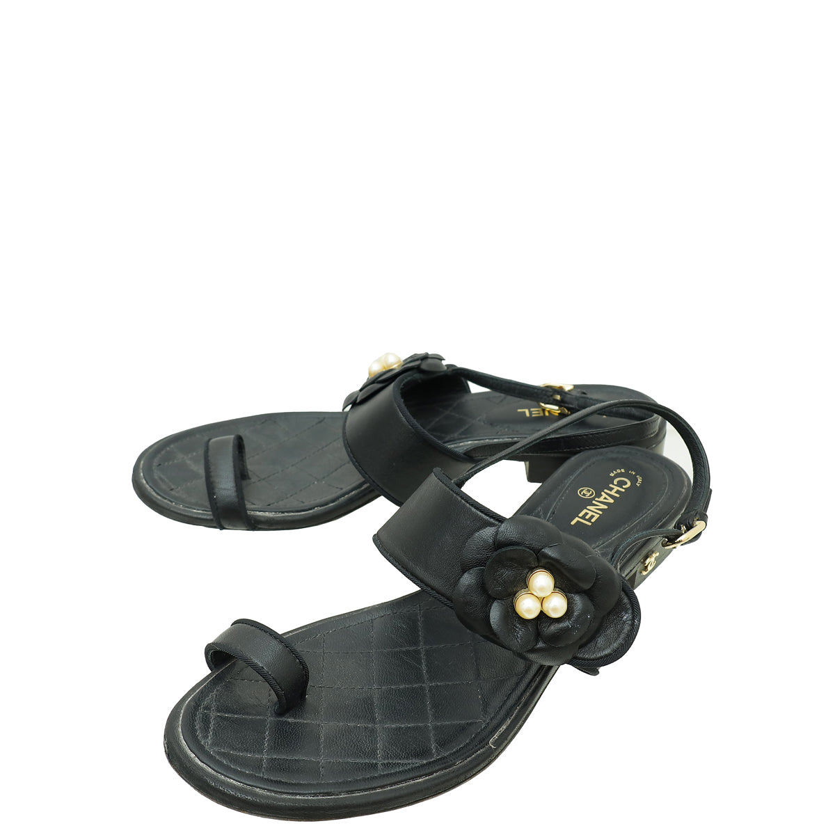 Chanel Black CC Pearl Camellia Flower Flat Sandal 37.5