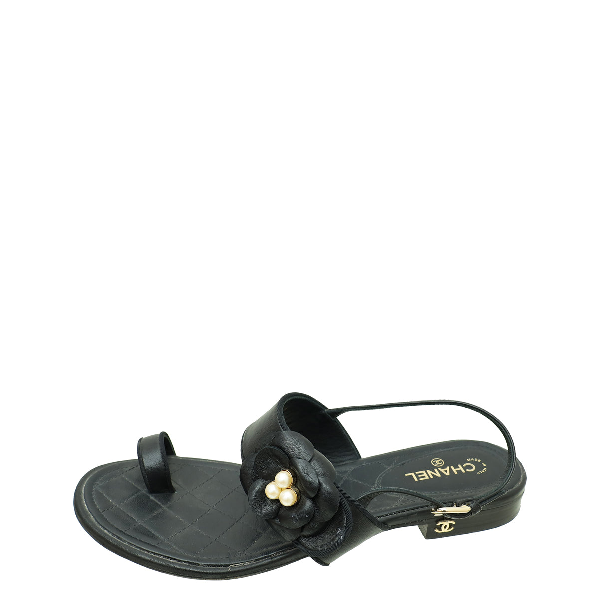 Chanel Black CC Pearl Camellia Flower Flat Sandal 37.5