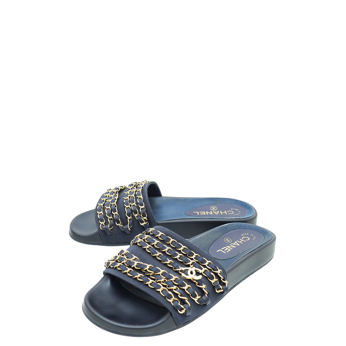Chanel Navy Blue CC Chain Slide Pool Sandal 38