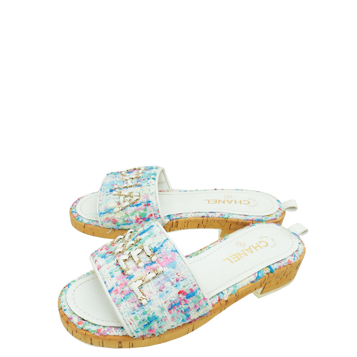 Chanel White Multicolor Tweed Logo Chain Mules 40