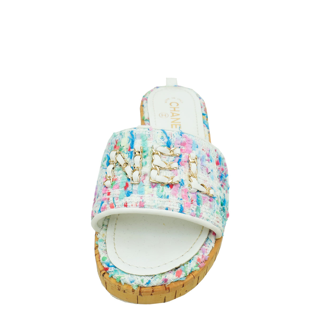 Chanel White Multicolor Tweed Logo Chain Mules 40