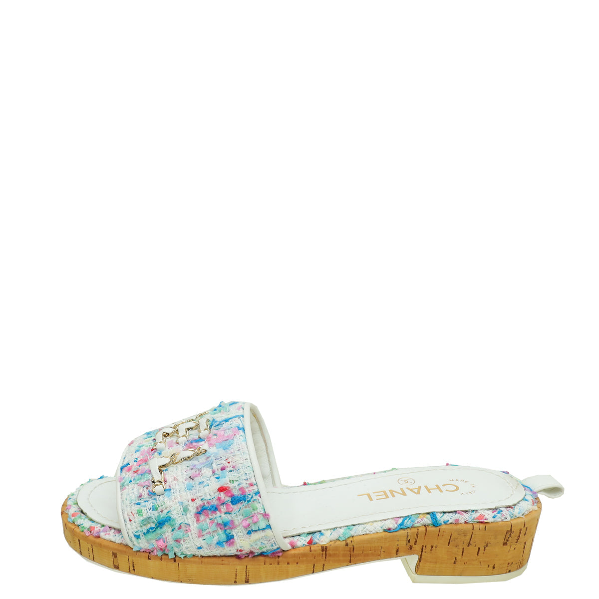 Chanel White Multicolor Tweed Logo Chain Mules 40