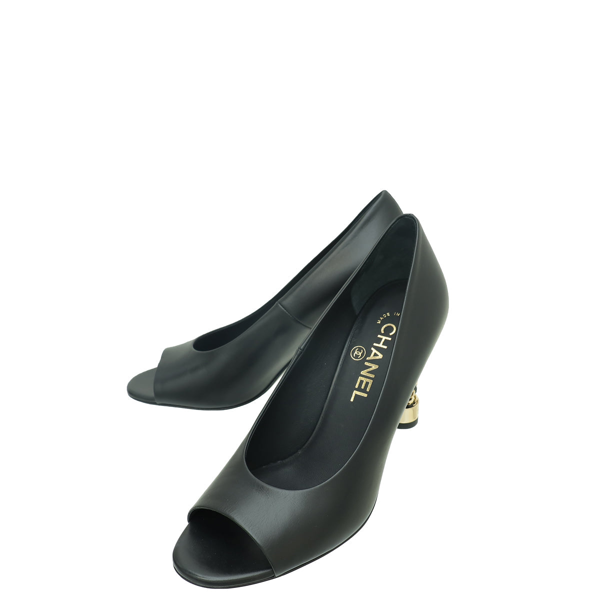Chanel Black Logo Chain Heel Peep Toe Pump 37.5
