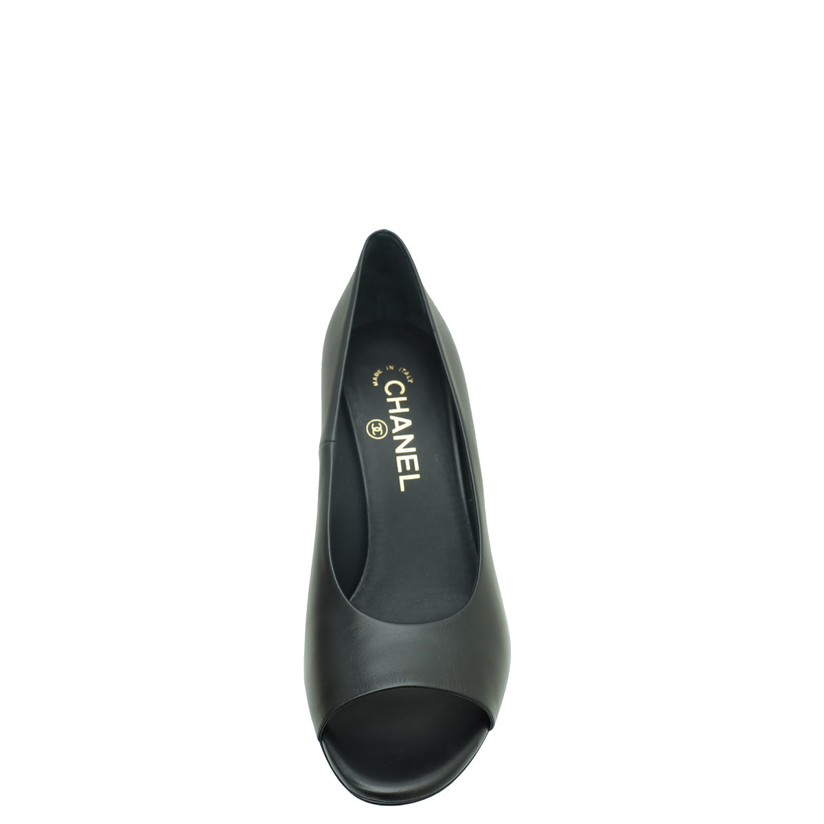 Chanel Black Logo Chain Heel Peep Toe Pump 37.5