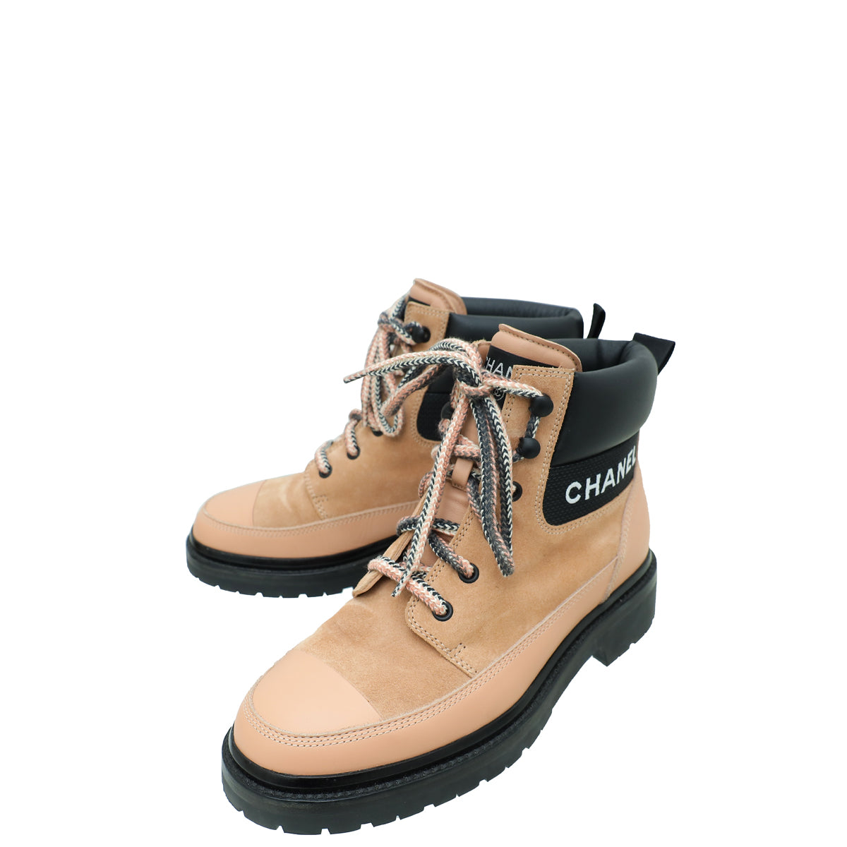 Chanel Pink Logo Suede Calfskin Lace Up Boots 38.5