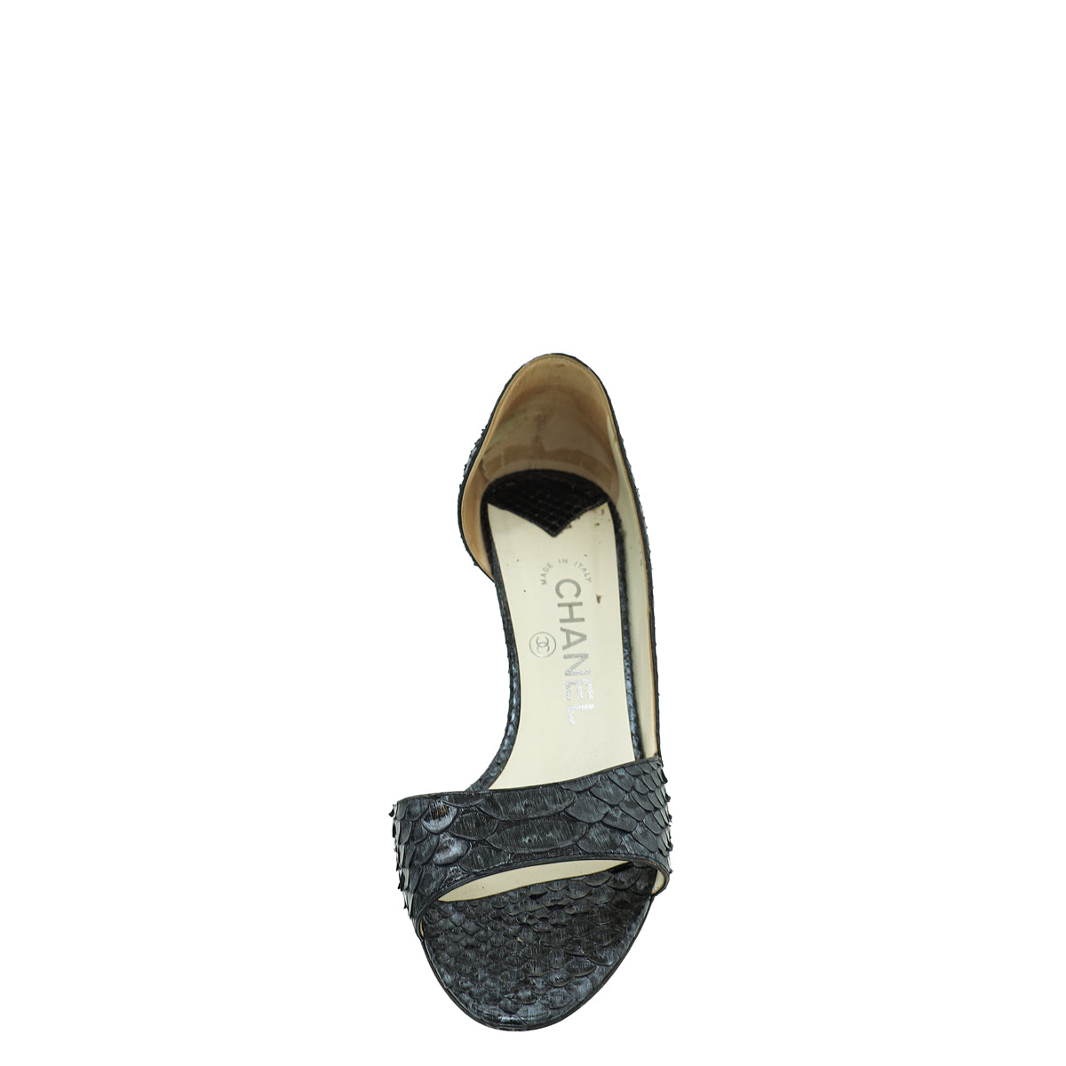Chanel Metallic Black CC Python Peep Toe Pump 38