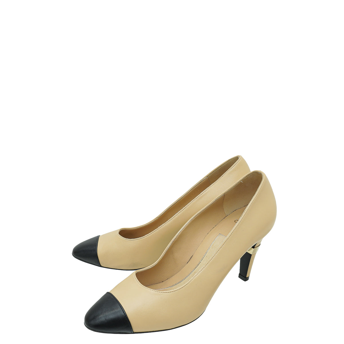 Chanel Leather Cap Toe CC Signature Metal and Pearl on Heel Pumps