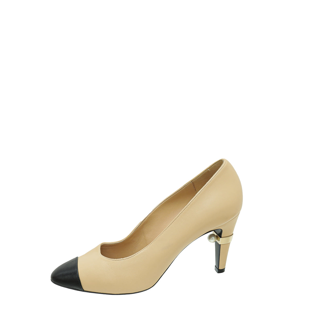 Chanel Leather Cap Toe CC Signature Metal and Pearl on Heel Pumps