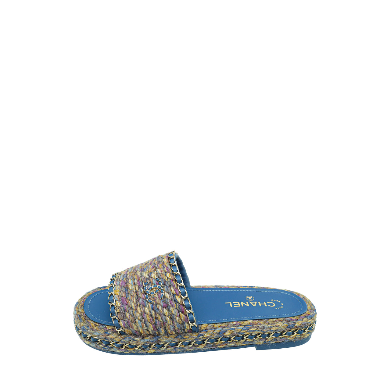 Chanel Blue Multicolor CC Braided Tweed Platform Sandals 39