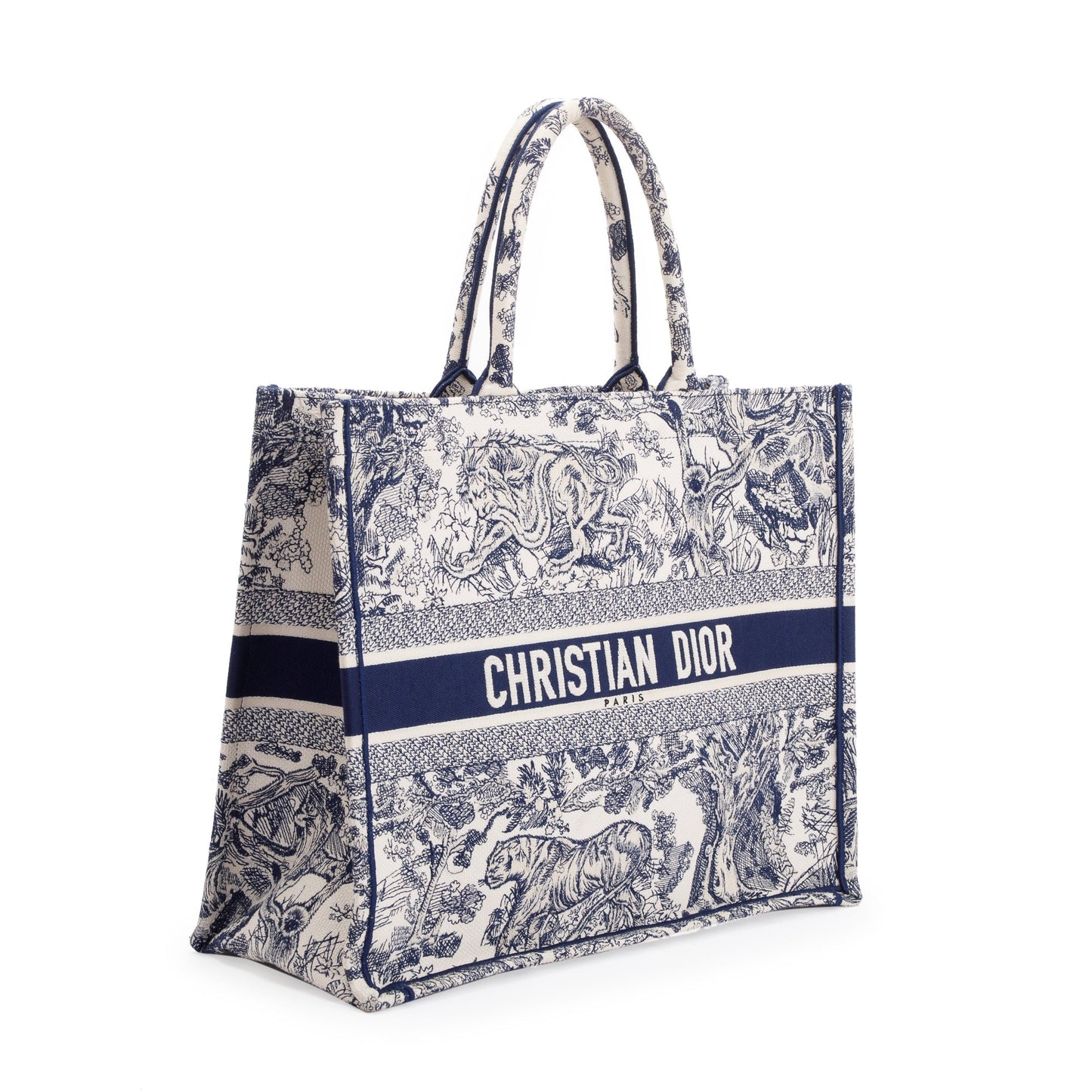 Christian Dior 2021 Large Ecru and Blue Toile de Jouy  Embroidery Canvas Book Tote