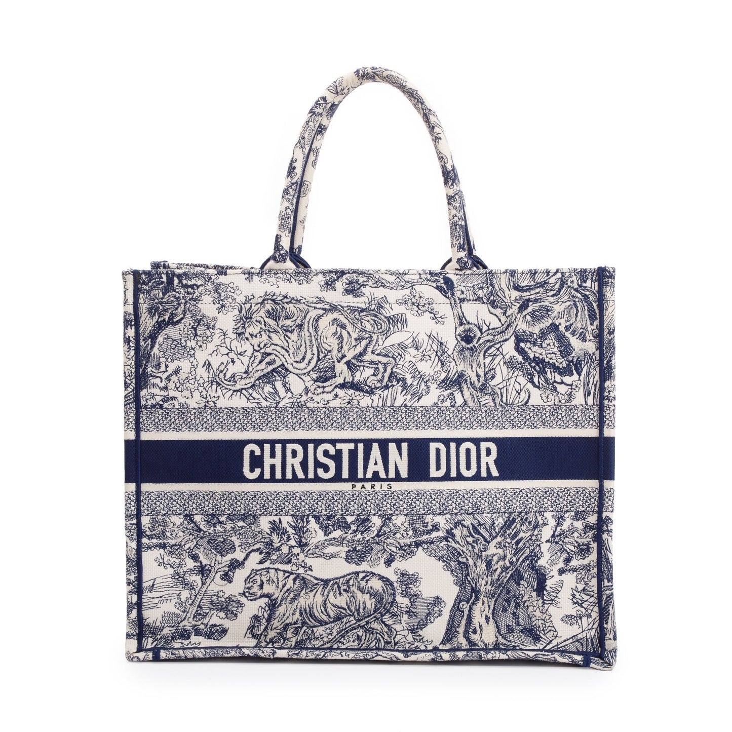 Christian Dior 2021 Large Ecru and Blue Toile de Jouy  Embroidery Canvas Book Tote