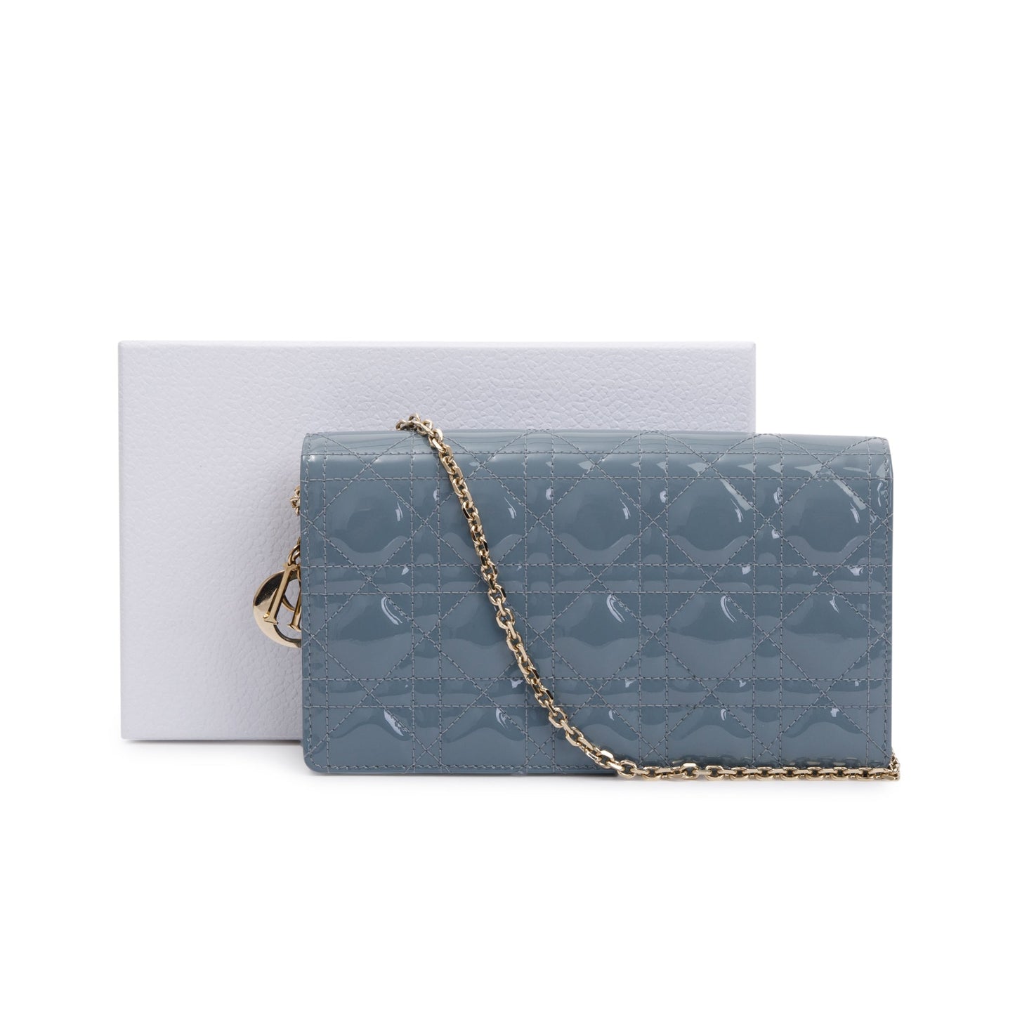 Christian Dior 2022 Cloud Blue Patent Leather Lady Dior Chain Pouch