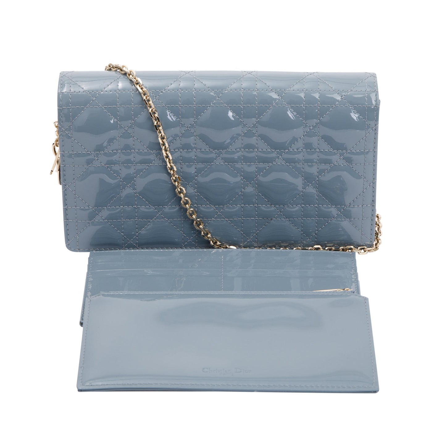 Christian Dior 2022 Cloud Blue Patent Leather Lady Dior Chain Pouch
