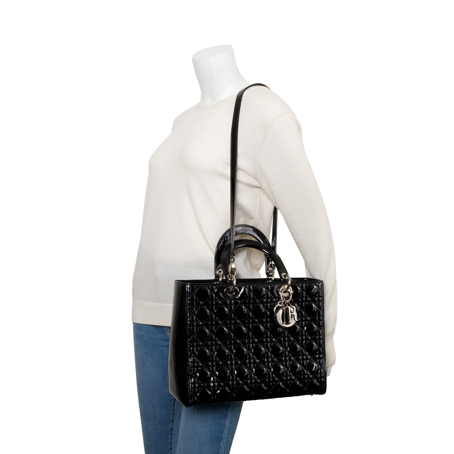 Christian Dior Black Cannage Patent Leather Large Lady Dior Bag