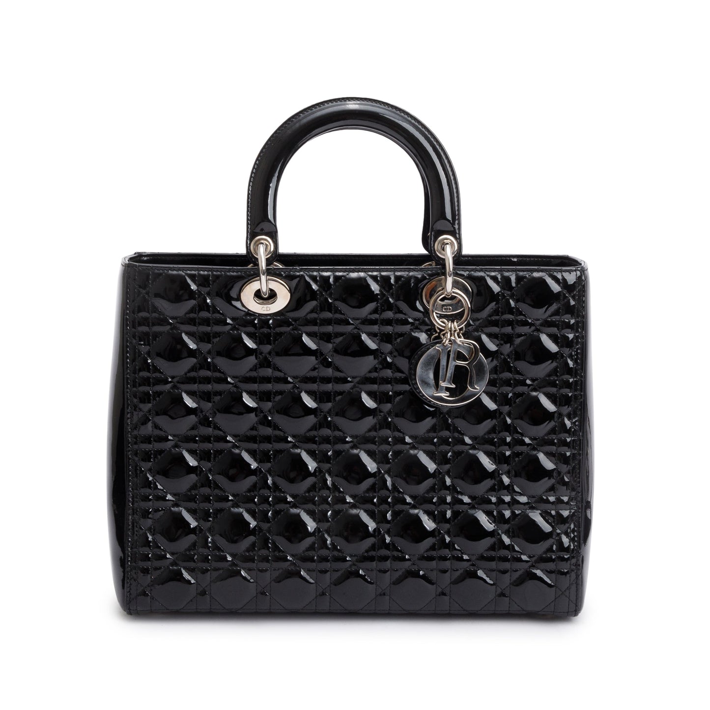 Christian Dior Black Cannage Patent Leather Large Lady Dior Bag