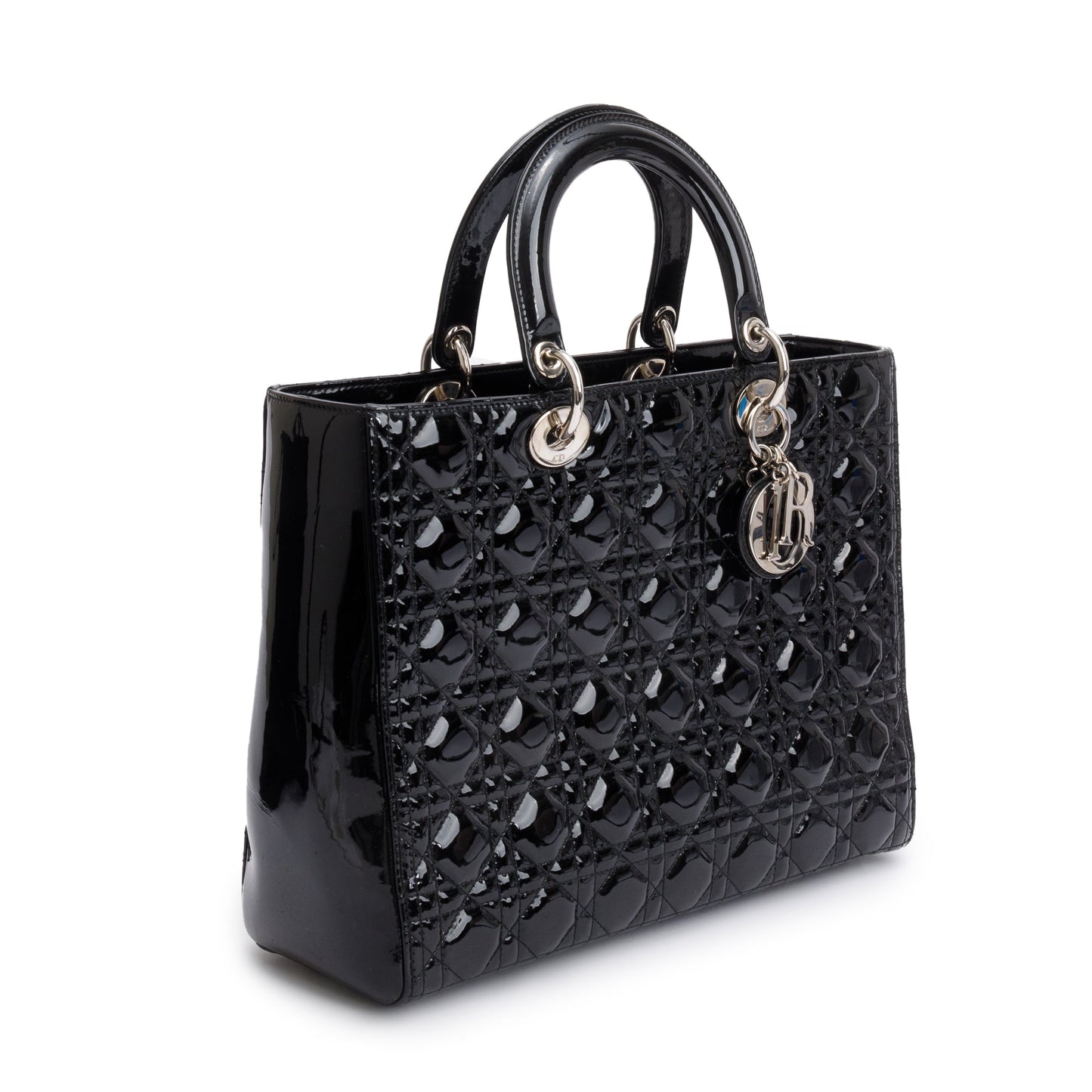 Christian Dior Black Cannage Patent Leather Large Lady Dior Bag