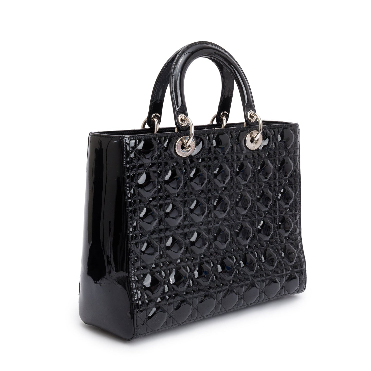 Christian Dior Black Cannage Patent Leather Large Lady Dior Bag