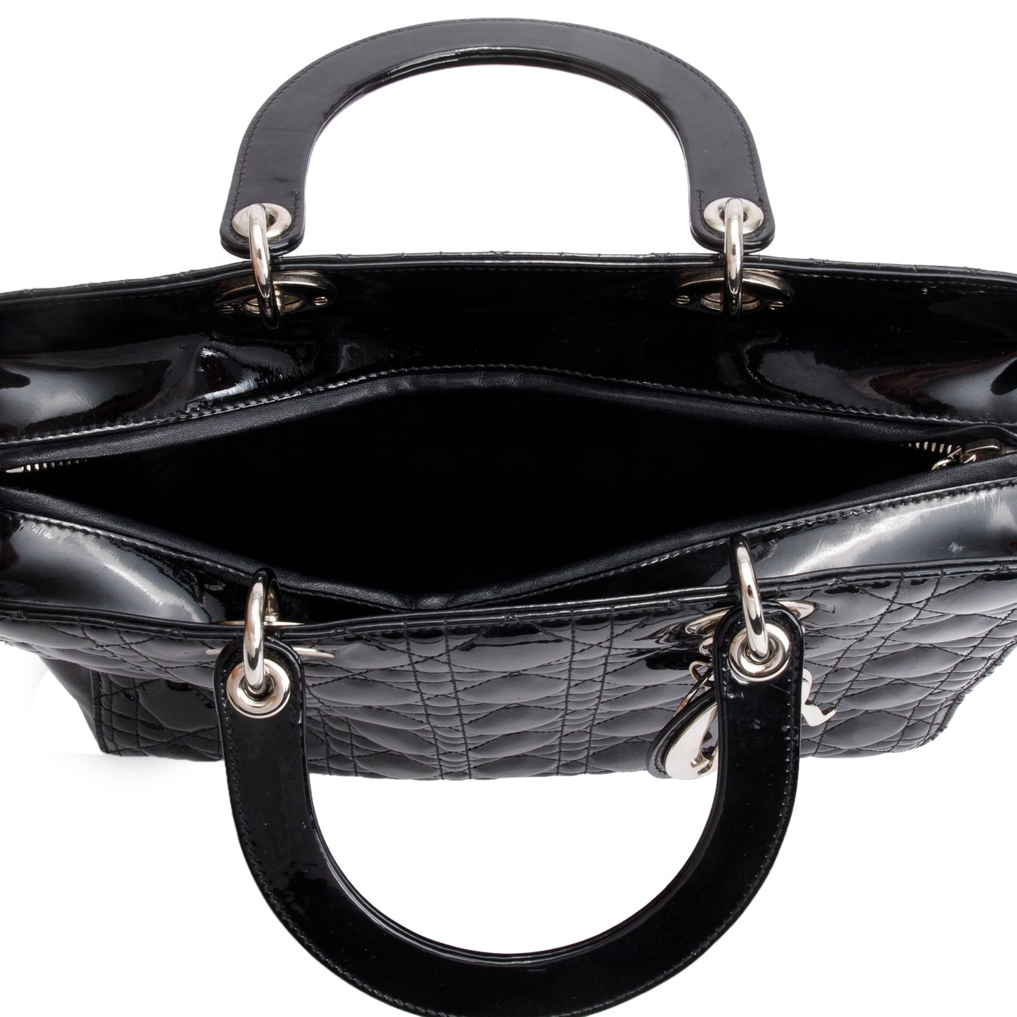 Christian Dior Black Cannage Patent Leather Large Lady Dior Bag
