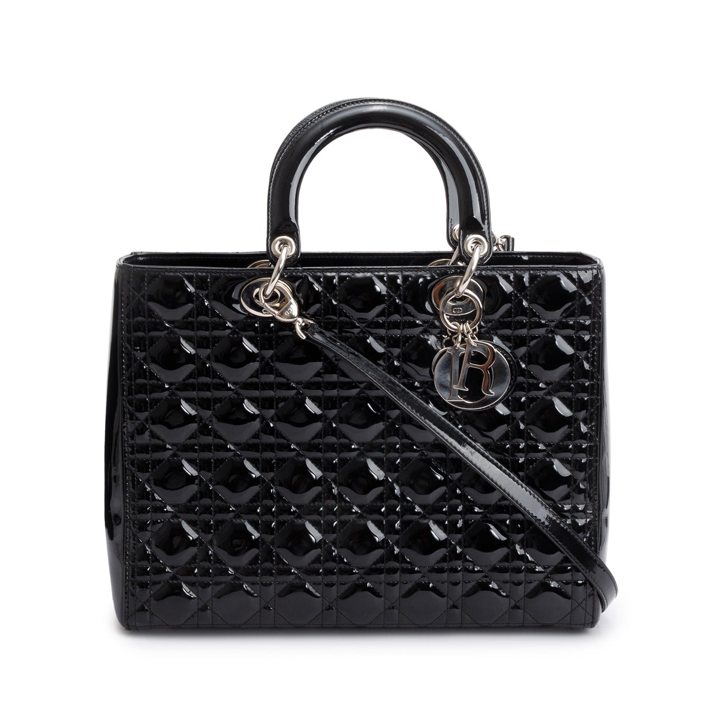 Christian Dior Black Cannage Patent Leather Large Lady Dior Bag