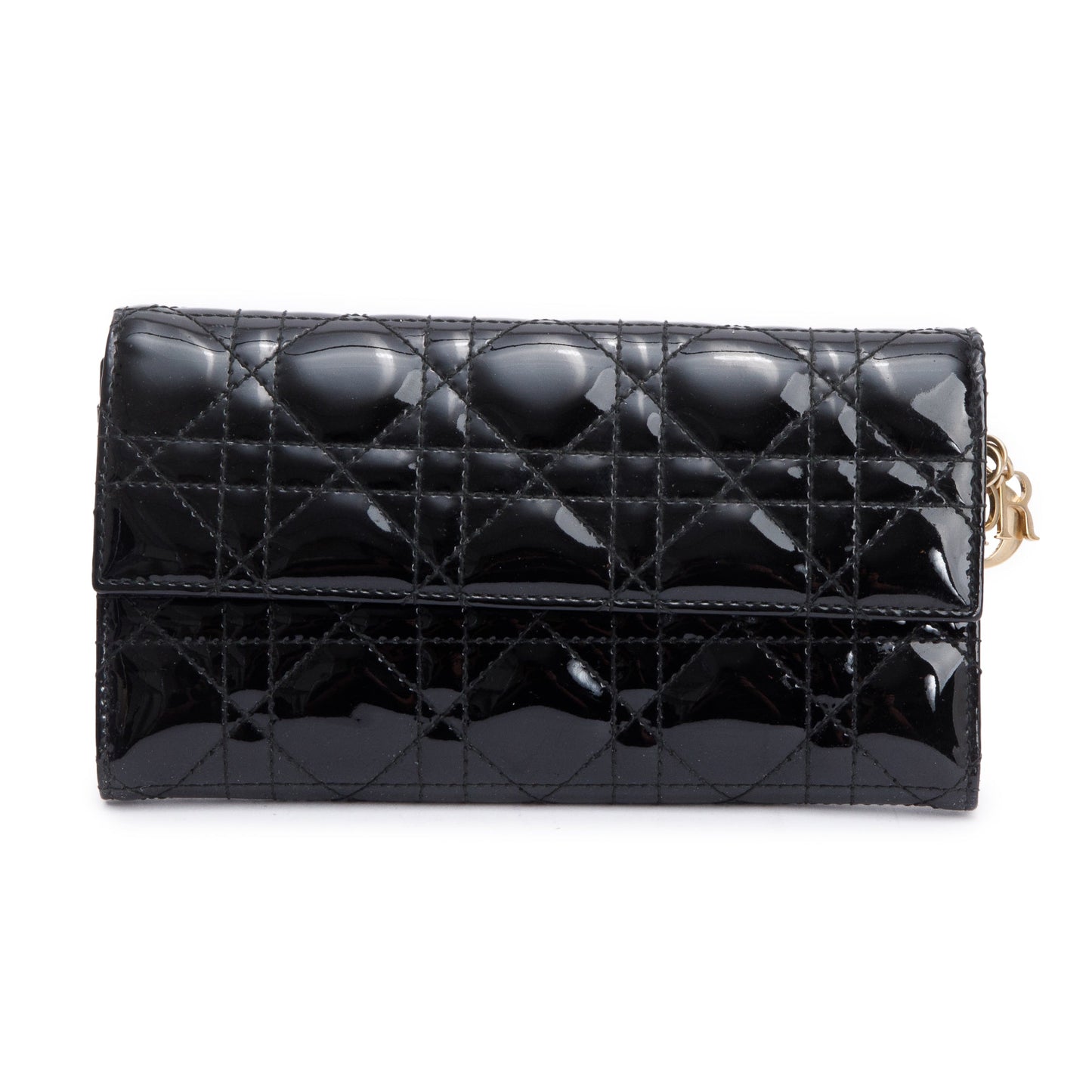 Christian Dior Black Cannage Patent Leather Rendezvous Wallet on Chain