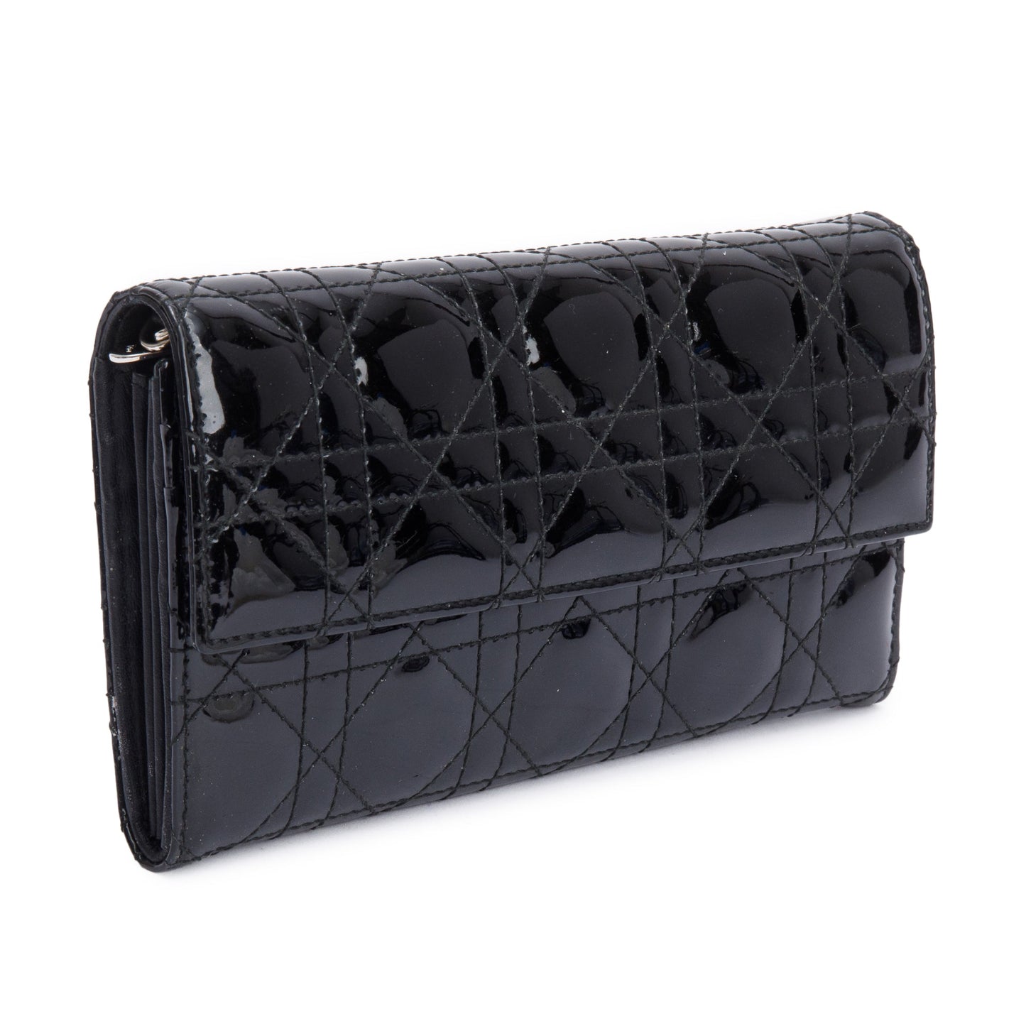 Christian Dior Black Cannage Patent Leather Rendezvous Wallet on Chain