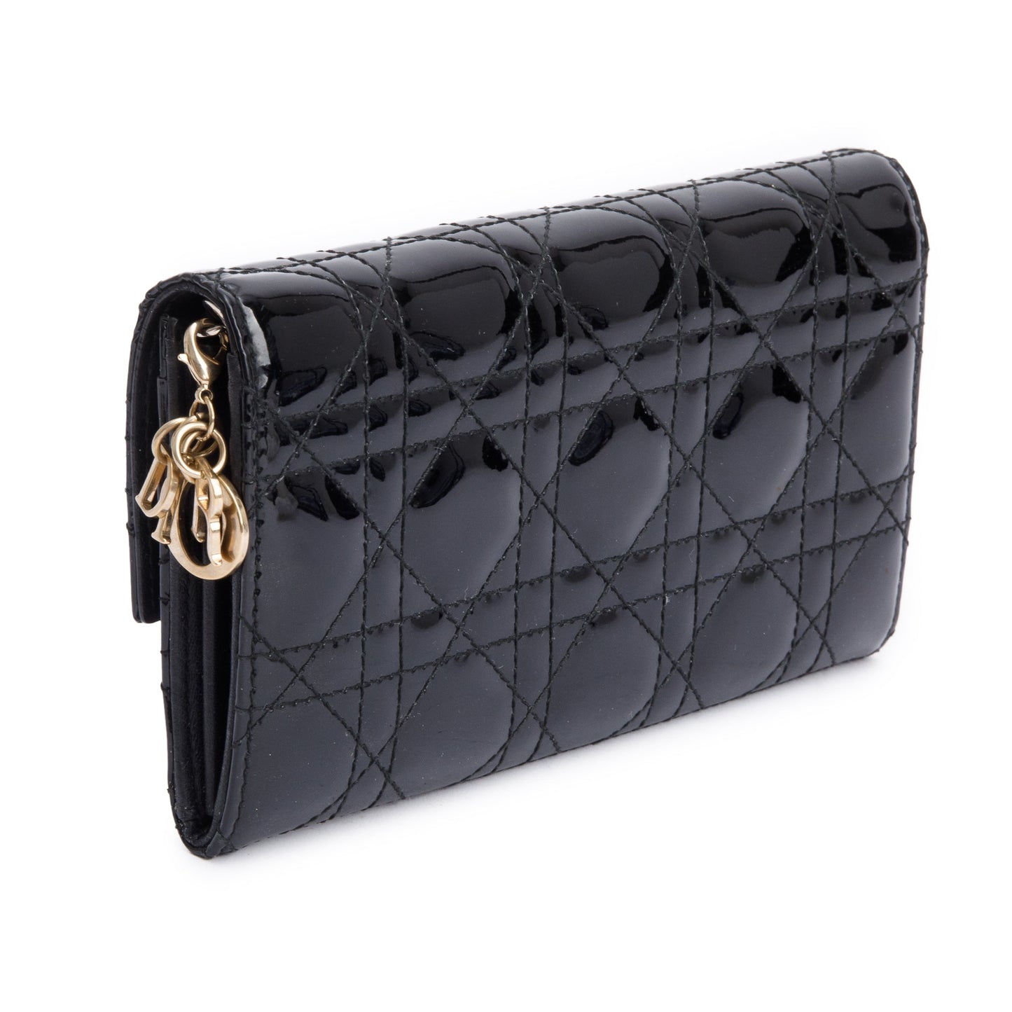 Christian Dior Black Cannage Patent Leather Rendezvous Wallet on Chain