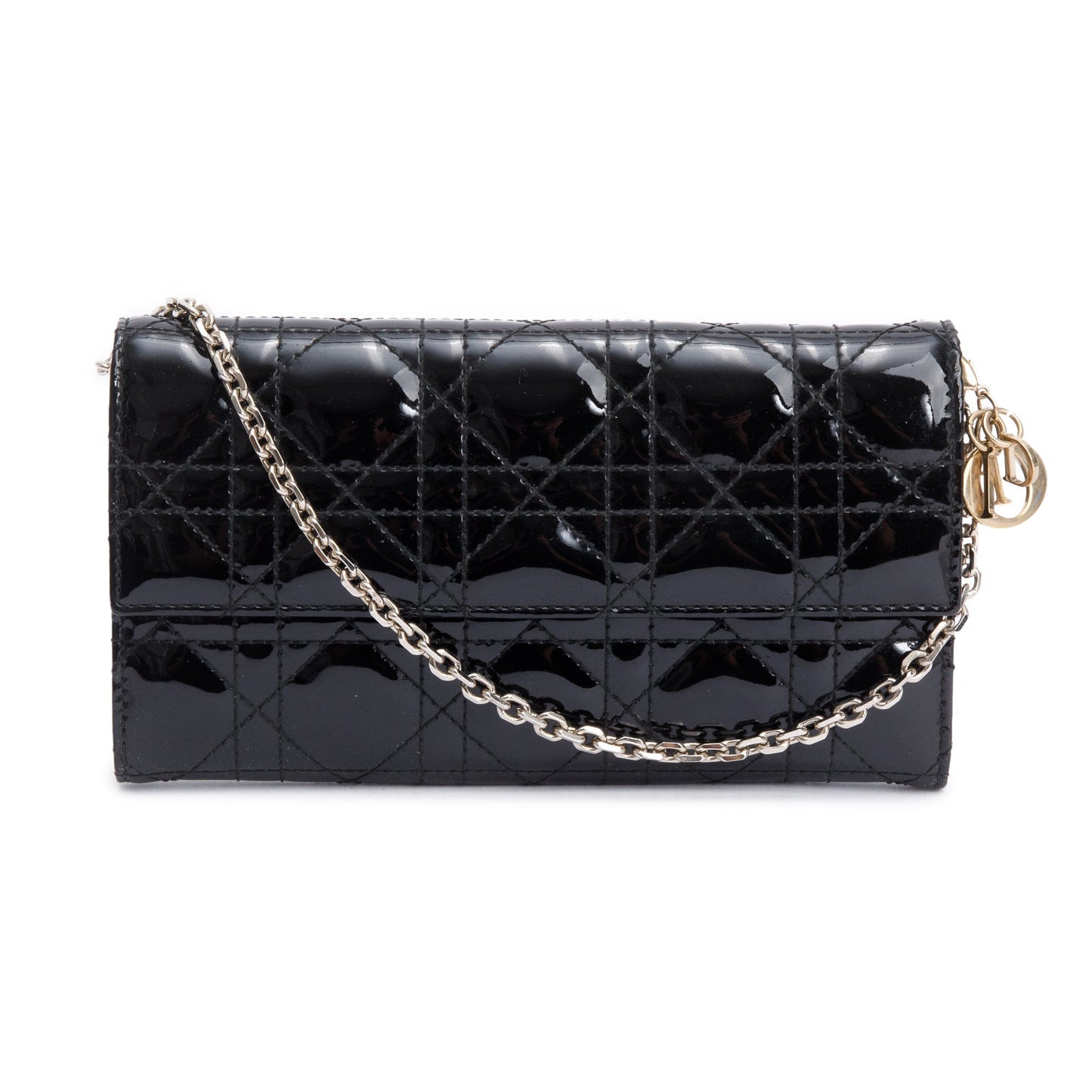 Christian Dior Black Cannage Patent Leather Rendezvous Wallet on Chain
