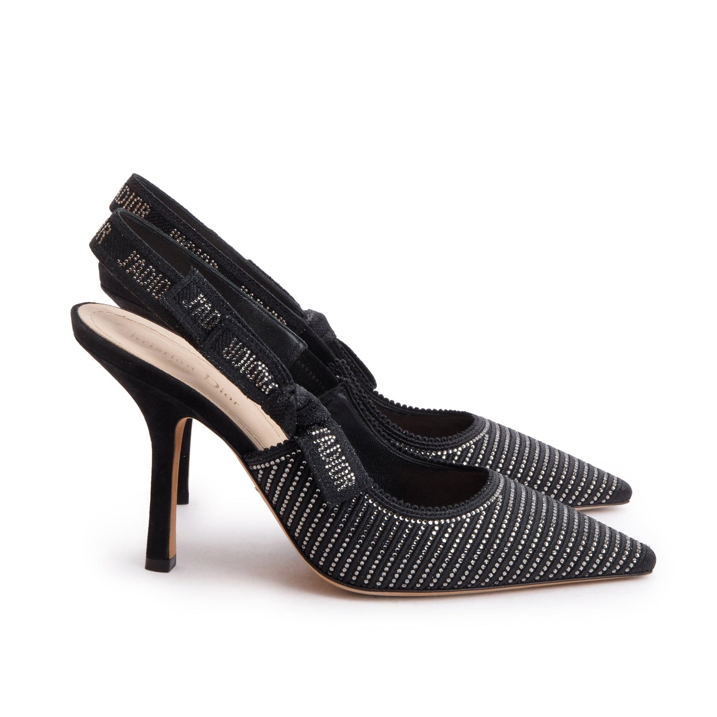 Christian Dior Black Leather Crystal Embellished J'Adior Slingback Pumps, Size 41