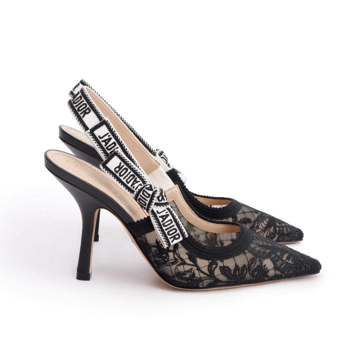 Christian Dior Black Mesh Chardons Embroidery J'Adior Slingback Pumps, Size 37