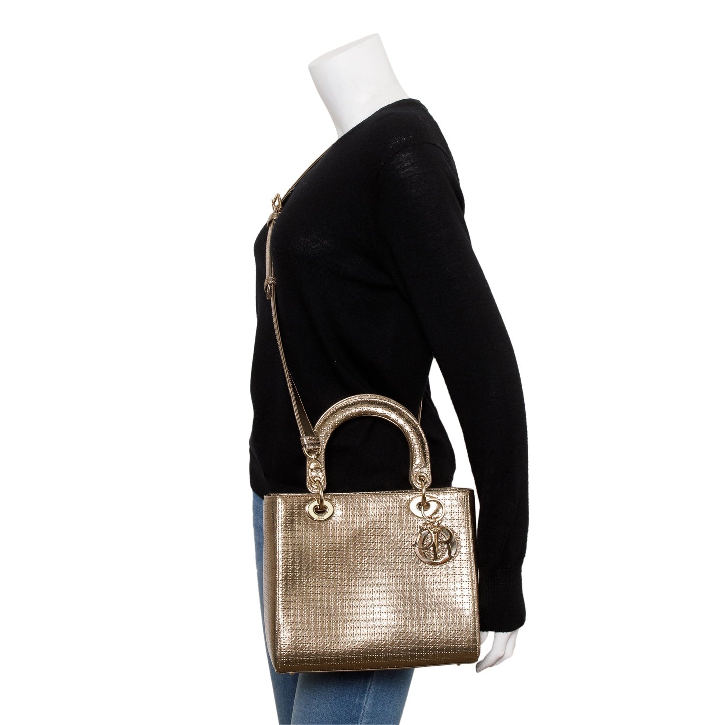Christian Dior Gold Metallic Microcannage Patent Leather Medium Lady Dior Bag
