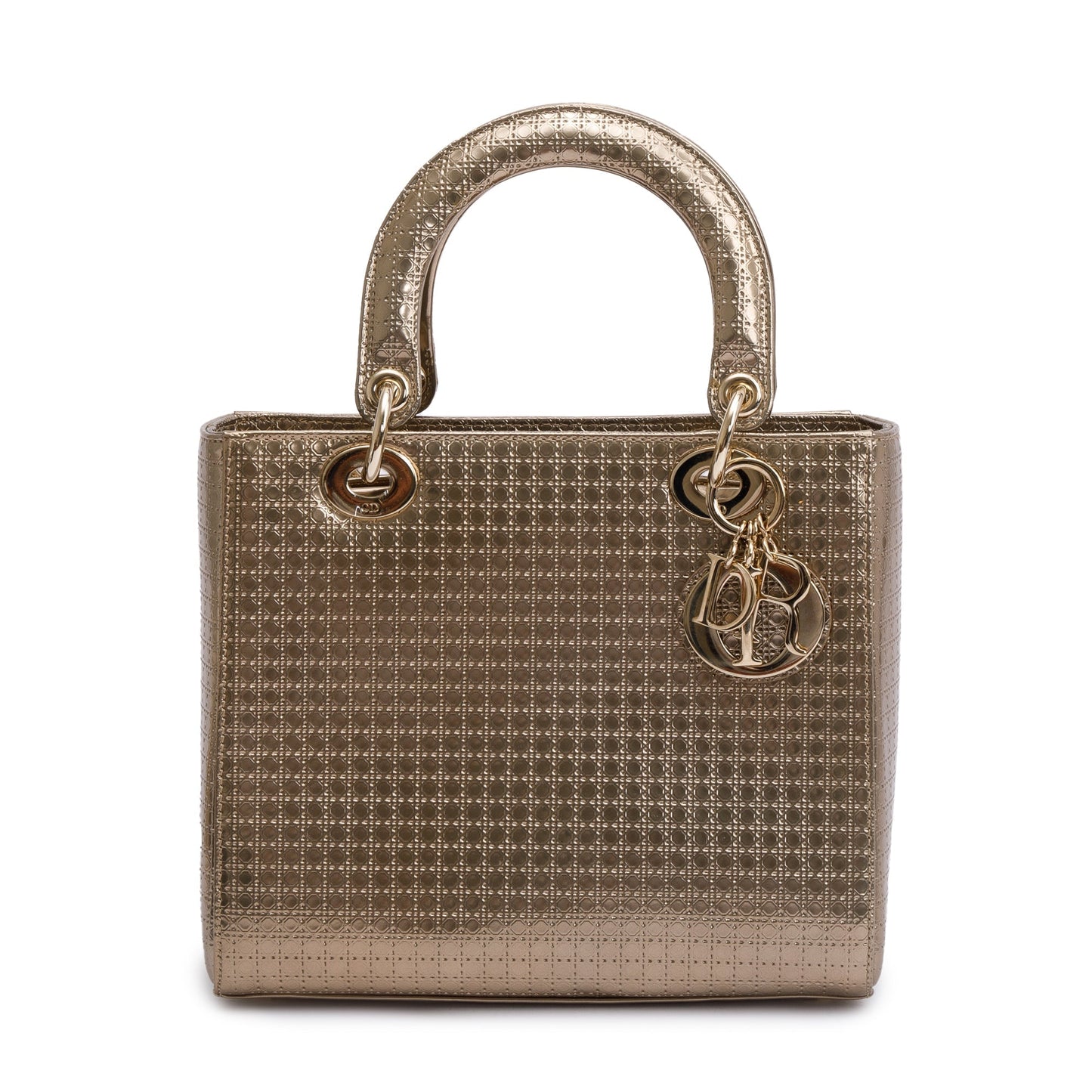Christian Dior Gold Metallic Microcannage Patent Leather Medium Lady Dior Bag