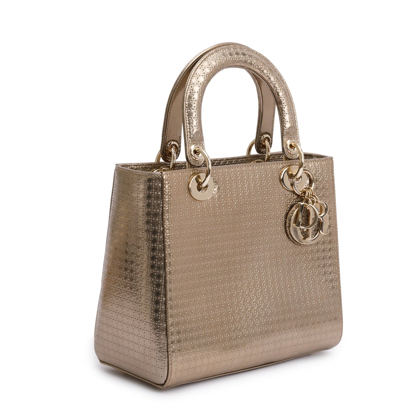 Christian Dior Gold Metallic Microcannage Patent Leather Medium Lady Dior Bag