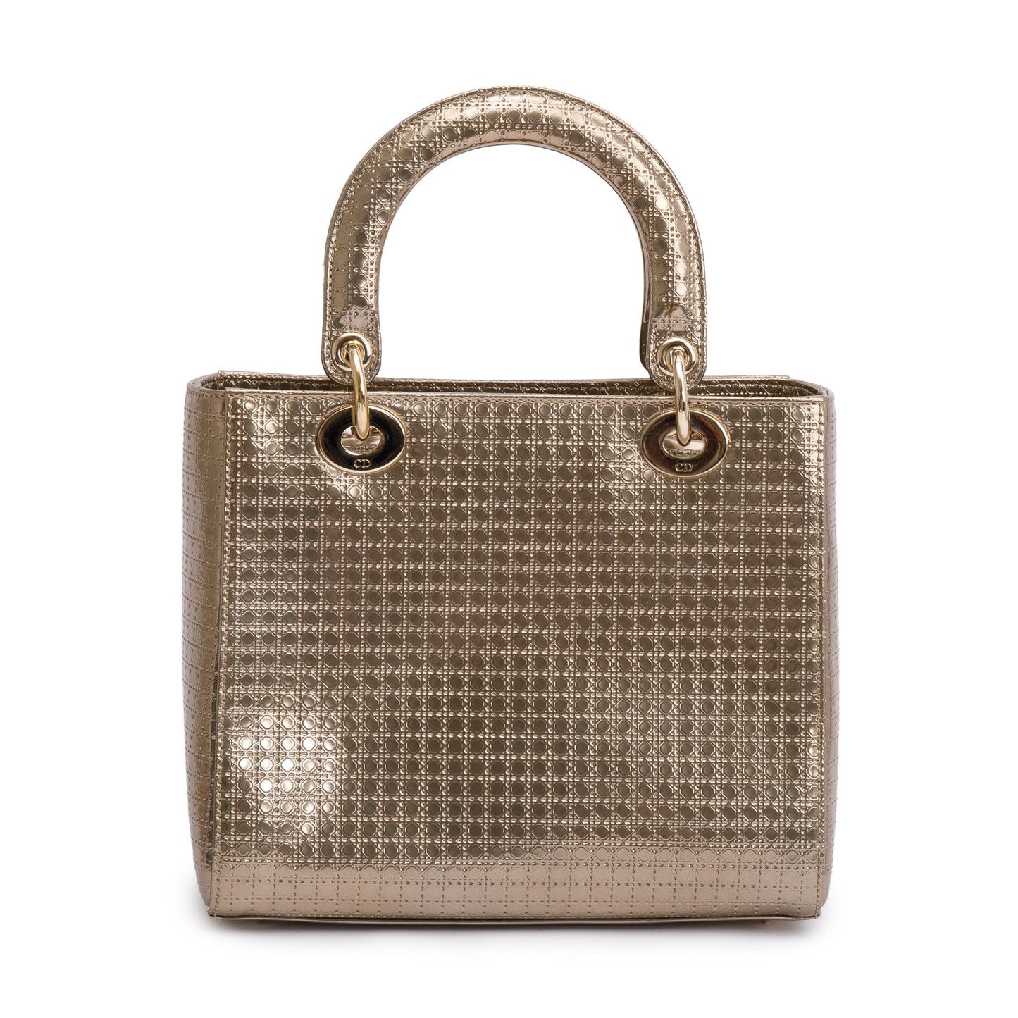 Christian Dior Gold Metallic Microcannage Patent Leather Medium Lady Dior Bag