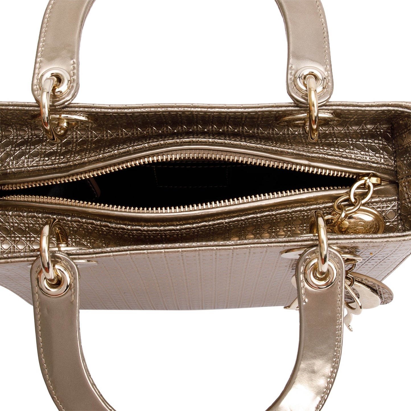 Christian Dior Gold Metallic Microcannage Patent Leather Medium Lady Dior Bag