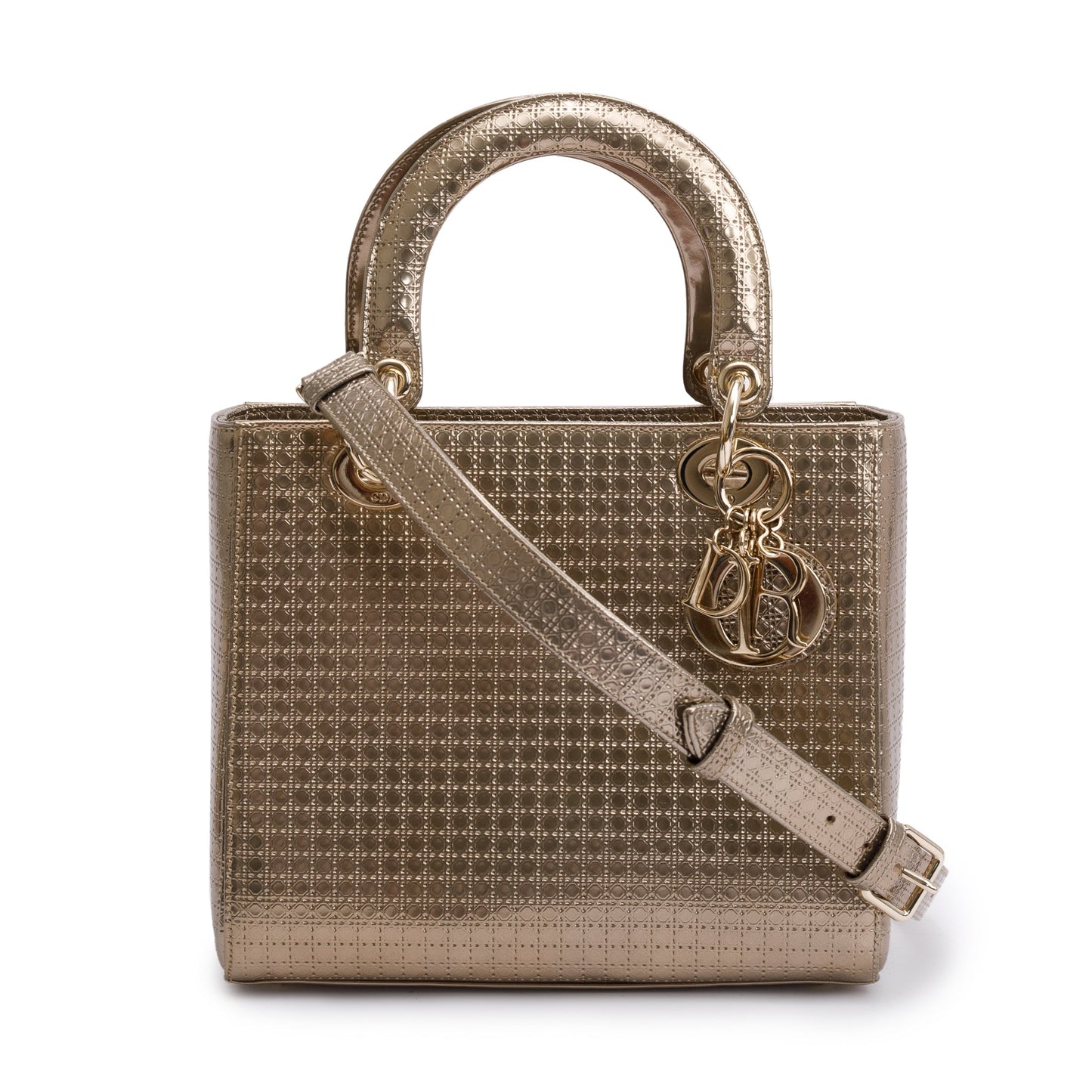 Christian Dior Gold Metallic Microcannage Patent Leather Medium Lady Dior Bag
