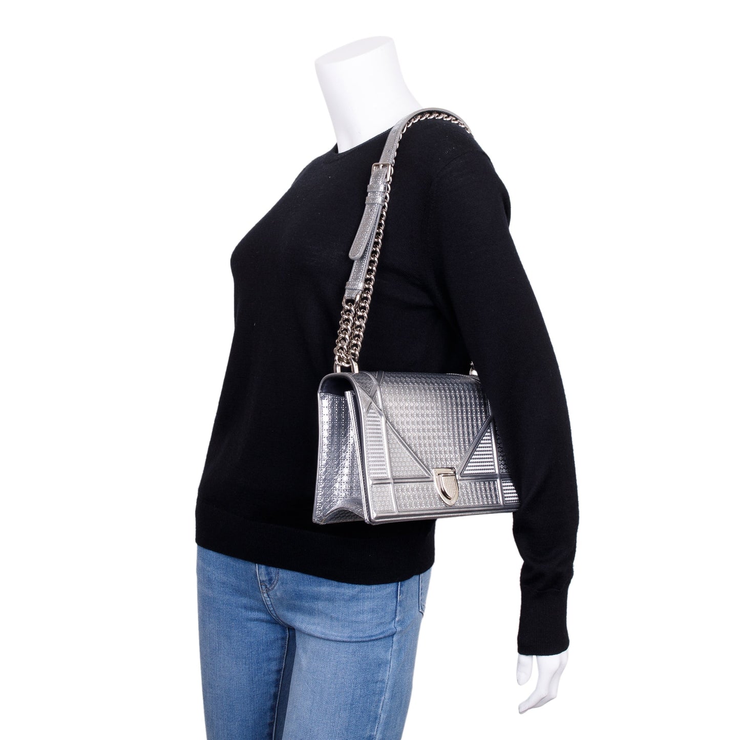 Christian Dior Large Silver Metallic Microcannage Diorama Shoulder Bag
