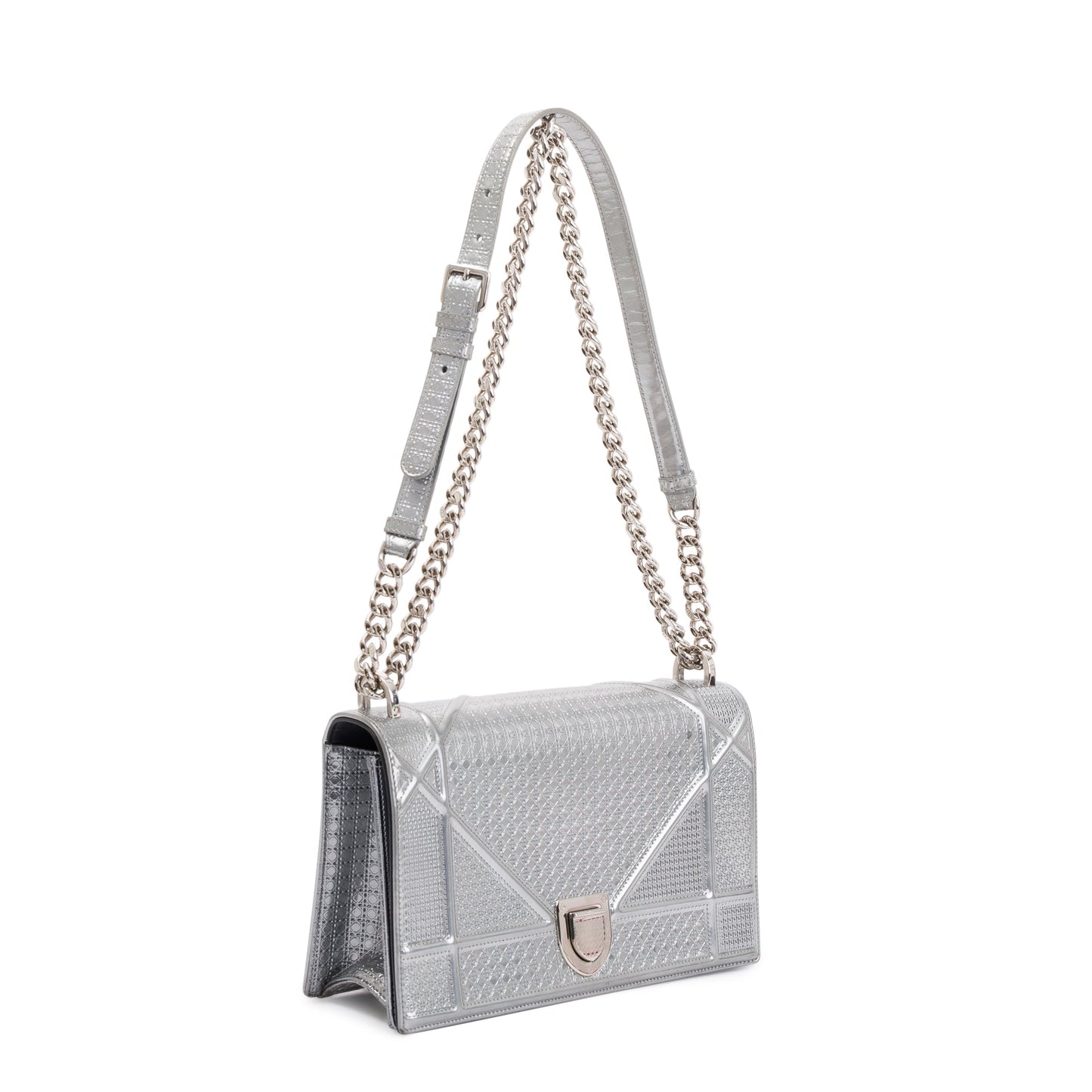 Christian Dior Large Silver Metallic Microcannage Diorama Shoulder Bag